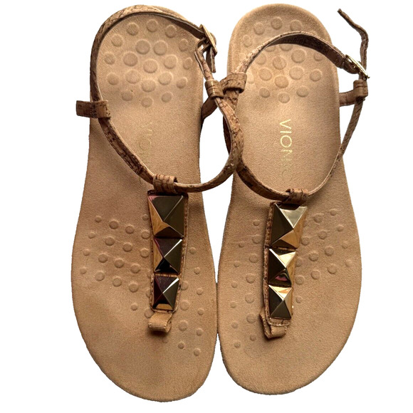 Vionic Women's Sandals Size 10 Nala T-Strap Leather Gold Stud Thong Comfort - Picture 1 of 7